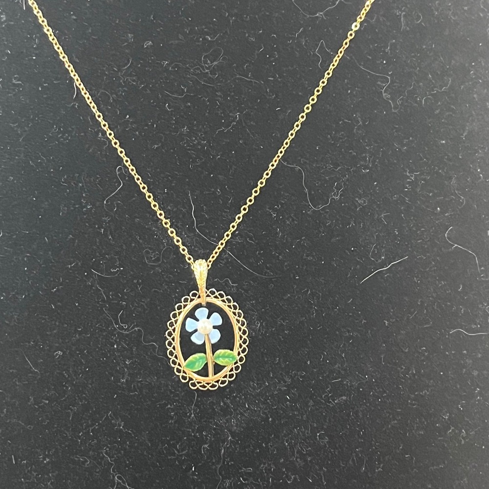 Vtg Gold Tone Blue Enamel Flower Faux Pearl Filigree Pendant Necklace 16 Inch